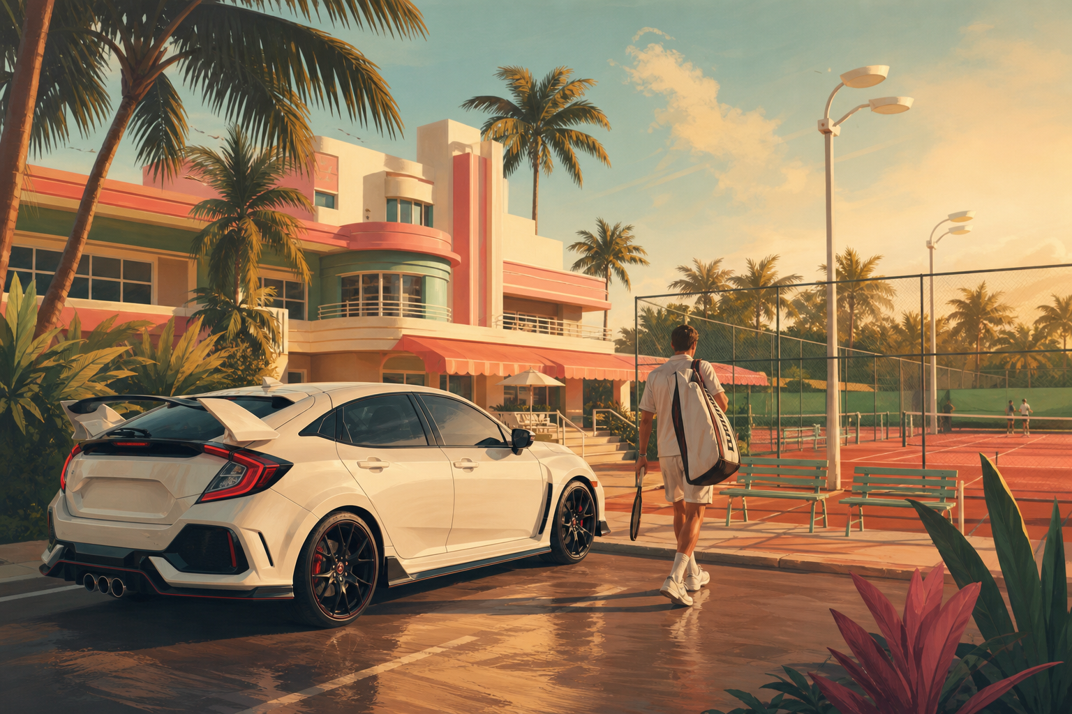 Retro illustration of a performance car parked at an art-deco tennis club as a player walks toward the courts.