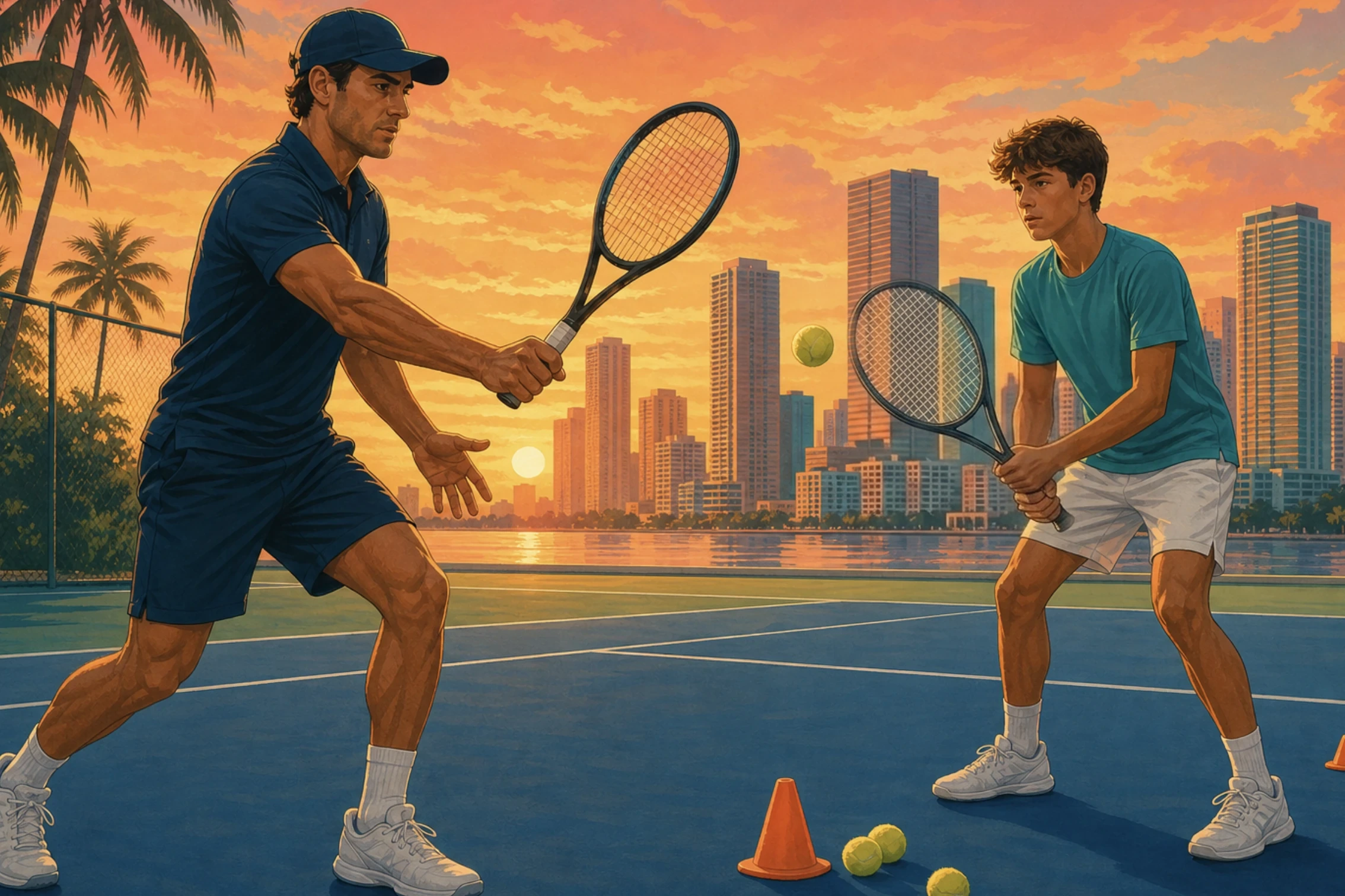 Retro illustration of a coach and adult player working through a drill on a blue court at golden hour.